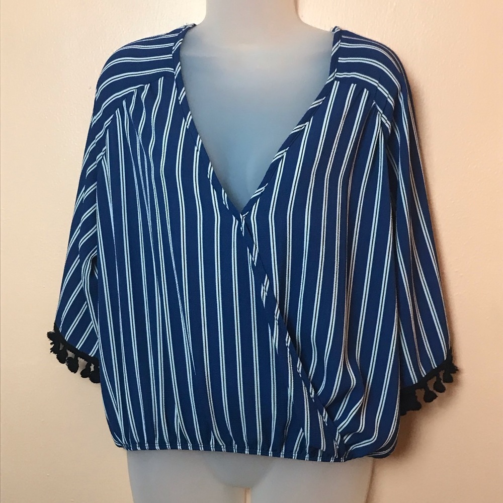 Lavender Field Blue Stripe Faux Wrap Top L